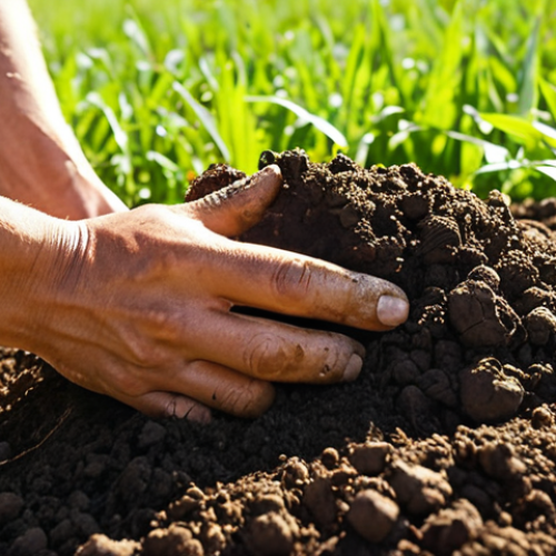 Home 11 A farmer happily spreading compost (퇴비) in a lush green field, close-up, sun shining, vibrant colors, healthy soil visible. Focus on the soil enrichment process.