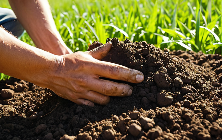 A farmer happily spreading compost (퇴비) in a lush green field, close-up, sun shining, vibrant colors, healthy soil visible. Focus on the soil enrichment process.