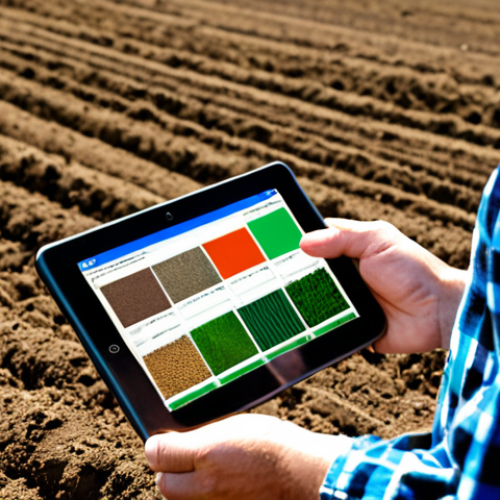 Home 6 Smart farming with agricultural big data cloud: Farmer analyzing soil data on a tablet in a field, showcasing data-driven decision making for crop and fertilizer selection.