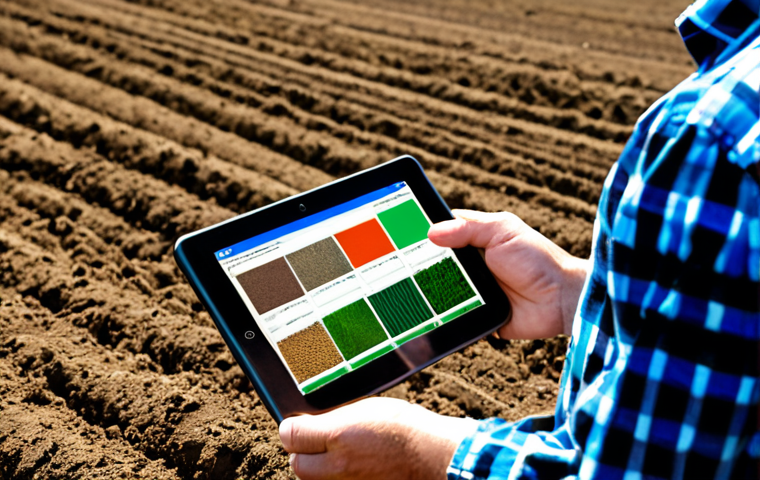 Smart farming with agricultural big data cloud: Farmer analyzing soil data on a tablet in a field, showcasing data-driven decision making for crop and fertilizer selection.