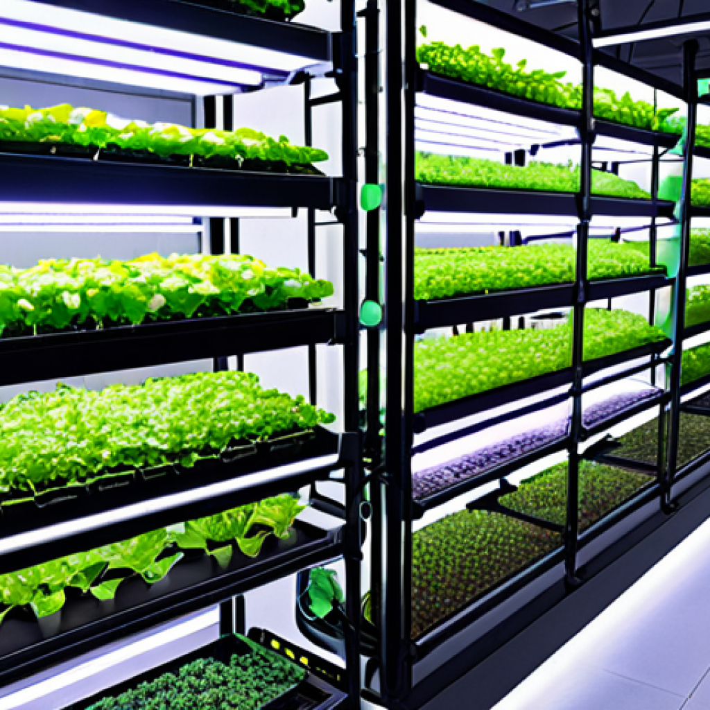 A sleek, futuristic vertical farm integrated seamlessly into a modern urban skyline. Inside, multiple tiers of lush, hydroponically grown plants glow under precisely controlled LED lights. Advanced robotic arms are delicately tending to crops, while faint holographic interfaces display real-time AI and IoT data. The atmosphere is clean, bright, and highly efficient, symbolizing sustainable, high-tech agriculture addressing future food security.