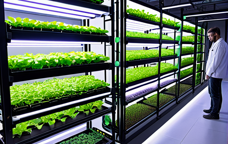 A sleek, futuristic vertical farm integrated seamlessly into a modern urban skyline. Inside, multiple tiers of lush, hydroponically grown plants glow under precisely controlled LED lights. Advanced robotic arms are delicately tending to crops, while faint holographic interfaces display real-time AI and IoT data. The atmosphere is clean, bright, and highly efficient, symbolizing sustainable, high-tech agriculture addressing future food security.