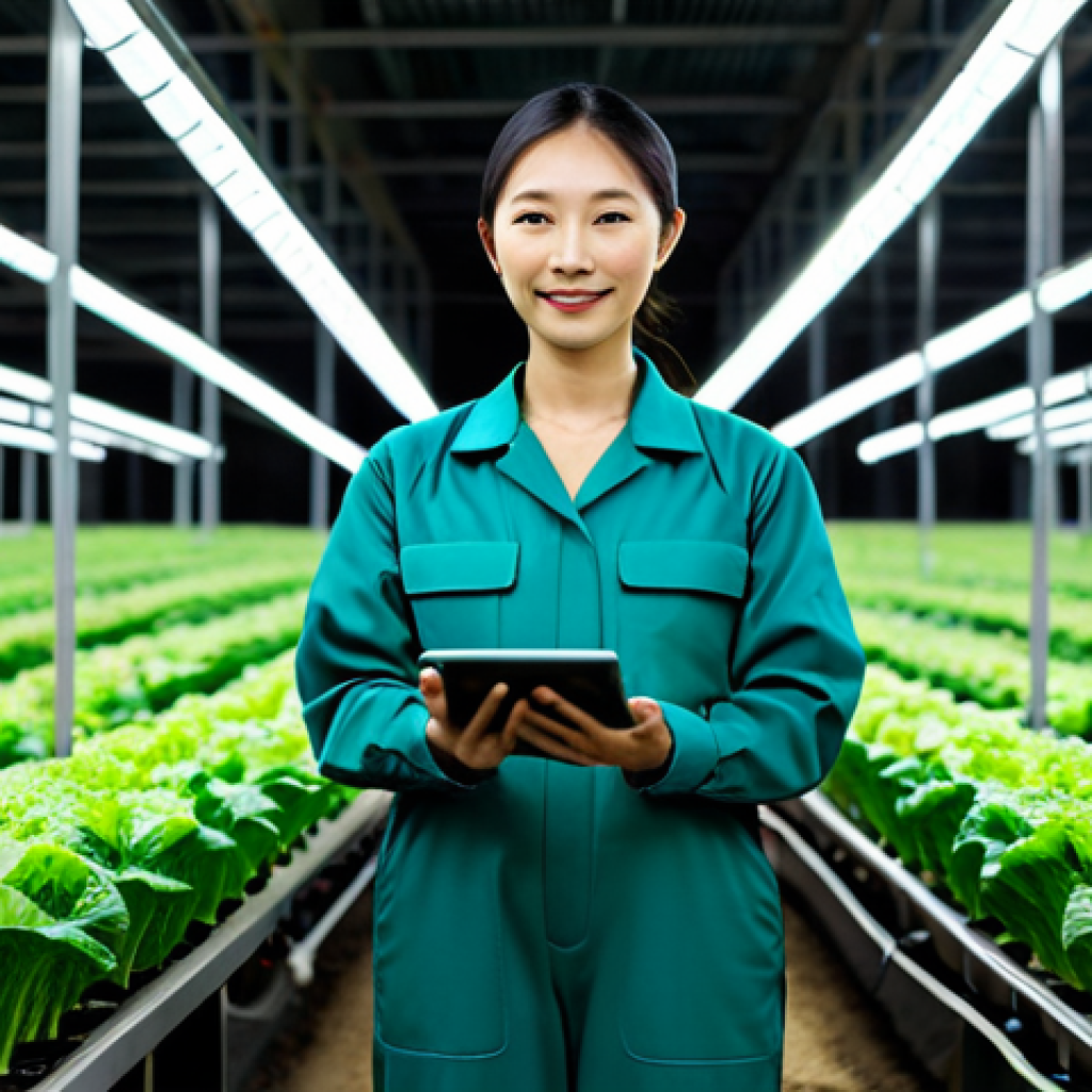 A confident young East Asian female farmer in a professional, modest jumpsuit, stands inside a high-tech vertical smart farm. She is looking at rows of vibrant green leafy vegetables, holding a tablet displaying data. The background shows glowing LED lights, automated irrigation systems, and meticulously arranged plants, conveying a sense of innovation and efficiency. The atmosphere is clean, bright, and futuristic, emphasizing agricultural advancement. high-resolution, detailed, cinematic lighting, professional photography, fully clothed, modest clothing, appropriate attire, professional dress, safe for work, appropriate content, perfect anatomy, correct proportions, natural pose, well-formed hands, proper finger count, natural body proportions, family-friendly.