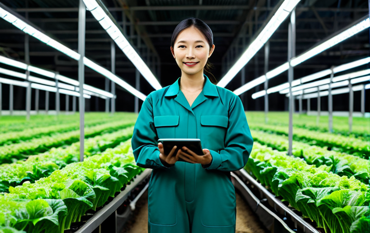 A confident young East Asian female farmer in a professional, modest jumpsuit, stands inside a high-tech vertical smart farm. She is looking at rows of vibrant green leafy vegetables, holding a tablet displaying data. The background shows glowing LED lights, automated irrigation systems, and meticulously arranged plants, conveying a sense of innovation and efficiency. The atmosphere is clean, bright, and futuristic, emphasizing agricultural advancement. high-resolution, detailed, cinematic lighting, professional photography, fully clothed, modest clothing, appropriate attire, professional dress, safe for work, appropriate content, perfect anatomy, correct proportions, natural pose, well-formed hands, proper finger count, natural body proportions, family-friendly.