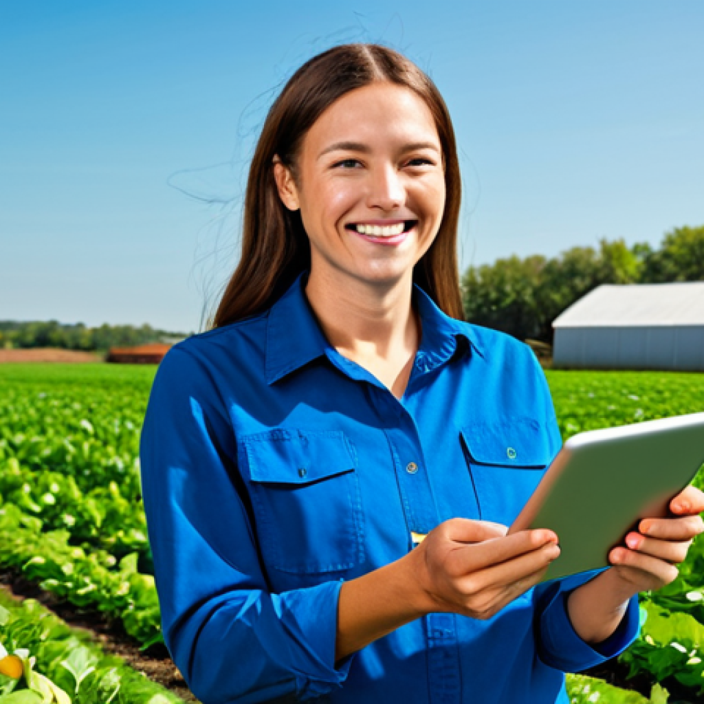A modern female farmer, fully clothed in a modest, clean work shirt and sturdy pants, holding a tablet and smiling warmly while standing amidst vibrant, green organic crops on a sunny day. The background features a well-maintained farm with healthy plants and a clear blue sky, emphasizing transparency and natural growth. The scene captures the essence of digital storytelling in agriculture. Safe for work, appropriate content, fully clothed, professional, family-friendly, perfect anatomy, correct proportions, natural pose, well-formed hands, proper finger count, natural body proportions, professional photography, high resolution, detailed, vibrant colors, clear focus.