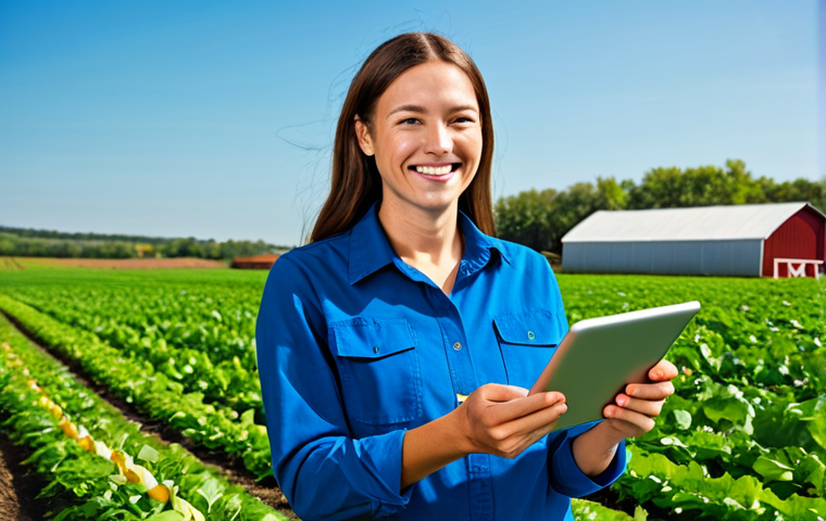 A modern female farmer, fully clothed in a modest, clean work shirt and sturdy pants, holding a tablet and smiling warmly while standing amidst vibrant, green organic crops on a sunny day. The background features a well-maintained farm with healthy plants and a clear blue sky, emphasizing transparency and natural growth. The scene captures the essence of digital storytelling in agriculture. Safe for work, appropriate content, fully clothed, professional, family-friendly, perfect anatomy, correct proportions, natural pose, well-formed hands, proper finger count, natural body proportions, professional photography, high resolution, detailed, vibrant colors, clear focus.