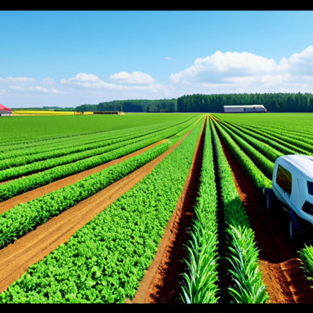 **
"A modern farm with agricultural robots tending to crops, fully clothed workers observing the automated processes, appropriate attire, safe for work, family-friendly, advanced technology, green fields, blue sky, perfect anatomy, correct proportions, professional photography, high quality."
**