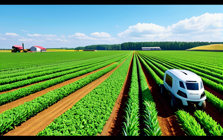 **
"A modern farm with agricultural robots tending to crops, fully clothed workers observing the automated processes, appropriate attire, safe for work, family-friendly, advanced technology, green fields, blue sky, perfect anatomy, correct proportions, professional photography, high quality."
**