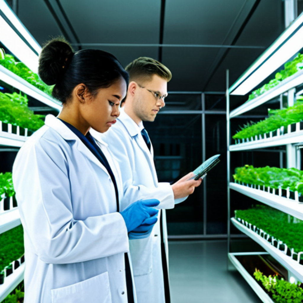 **Prompt:** "A modern vertical farm, multiple levels of crops growing indoors under LED lights, fully clothed researchers in lab coats inspecting plants, futuristic agriculture, safe for work, perfect anatomy, correct proportions, professional photography, appropriate content, fully clothed, professional."