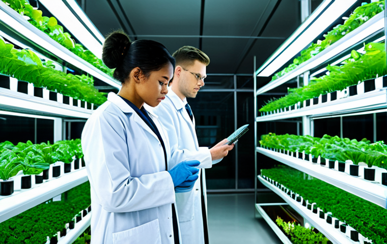**Prompt:** "A modern vertical farm, multiple levels of crops growing indoors under LED lights, fully clothed researchers in lab coats inspecting plants, futuristic agriculture, safe for work, perfect anatomy, correct proportions, professional photography, appropriate content, fully clothed, professional."