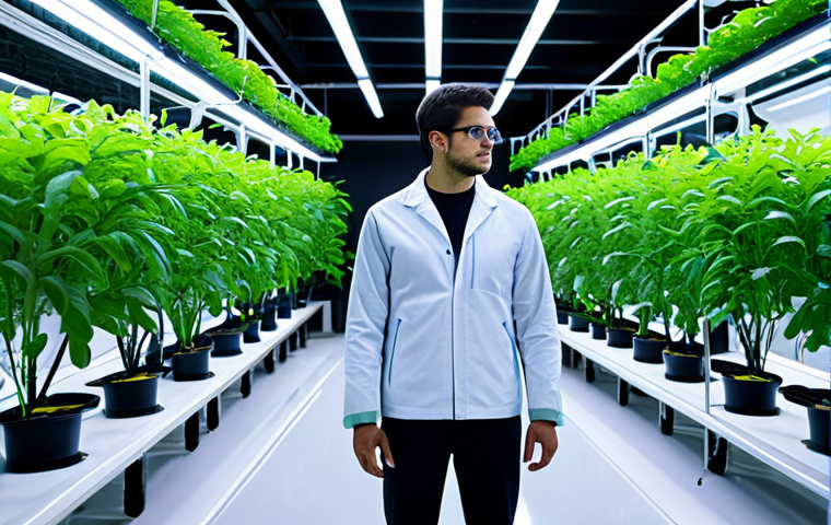 농업 연구 개발 트렌드 - Smart Farm Innovation**
"A futuristic smart farm interior, showcasing rows of lush, green plants gr...