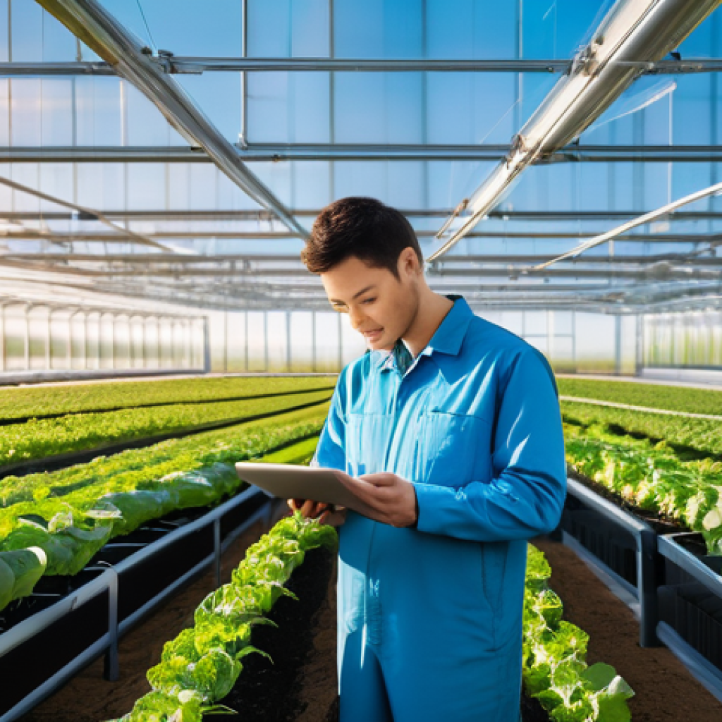 농업 에너지 절약 기술 - A high-tech, futuristic smart farm facility under a bright, clear sky. The central feature is a slee...