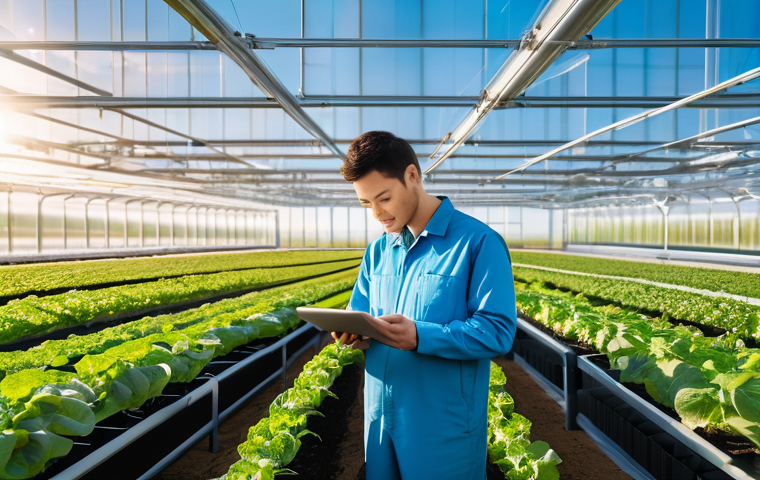 농업 에너지 절약 기술 - A high-tech, futuristic smart farm facility under a bright, clear sky. The central feature is a slee...