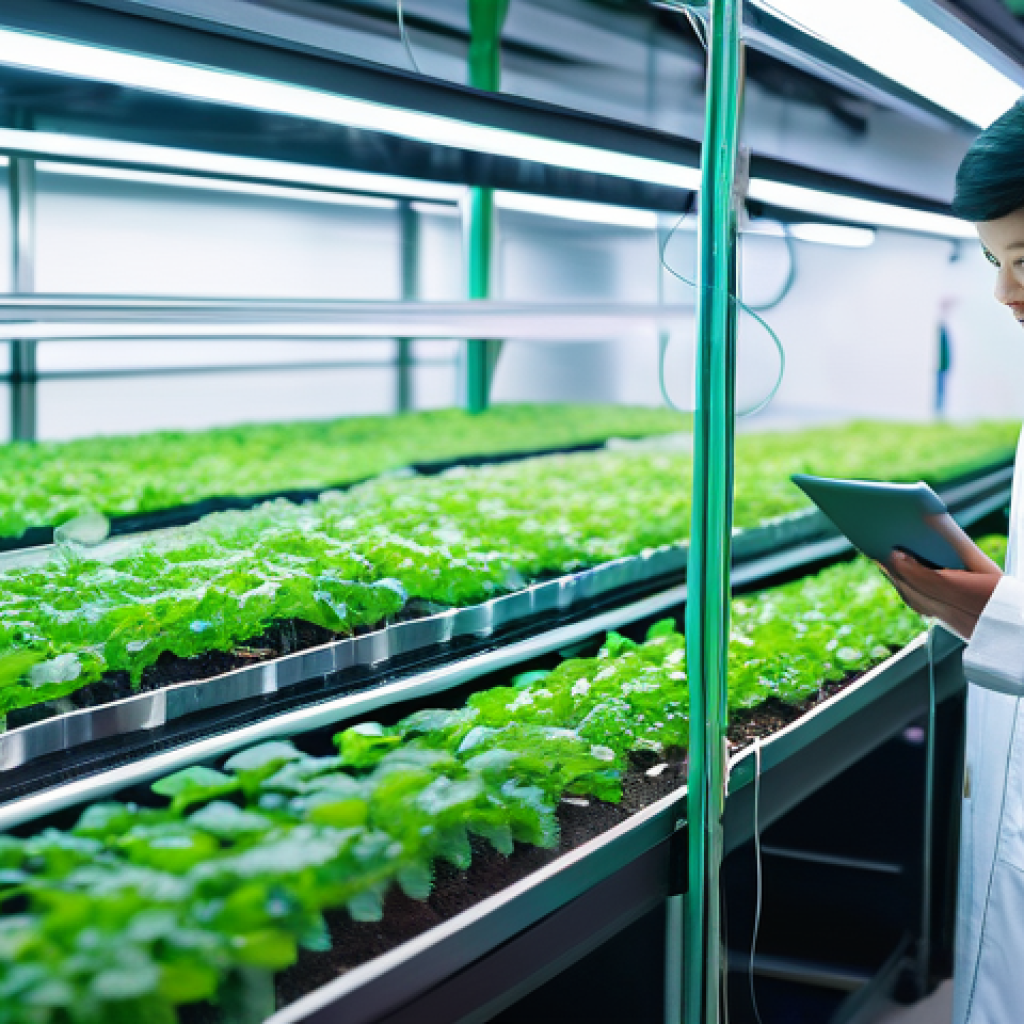 농업 관련 전공 소개 - **Prompt 1: Futuristic Smart Farm with AI and IoT Integration**
    "A bright, clean indoor vertical...