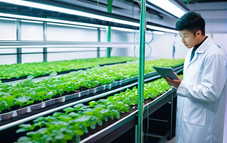 농업 관련 전공 소개 - **Prompt 1: Futuristic Smart Farm with AI and IoT Integration**
"A bright, clean indoor vertical...