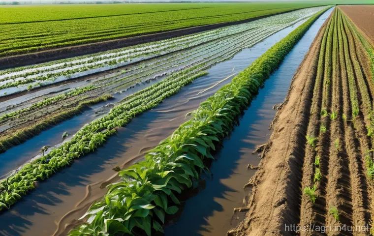 농업 수질 관리 - **Image Prompt 1: The Contrast of Drought and Clean Water for Agriculture**
    A panoramic view of ...