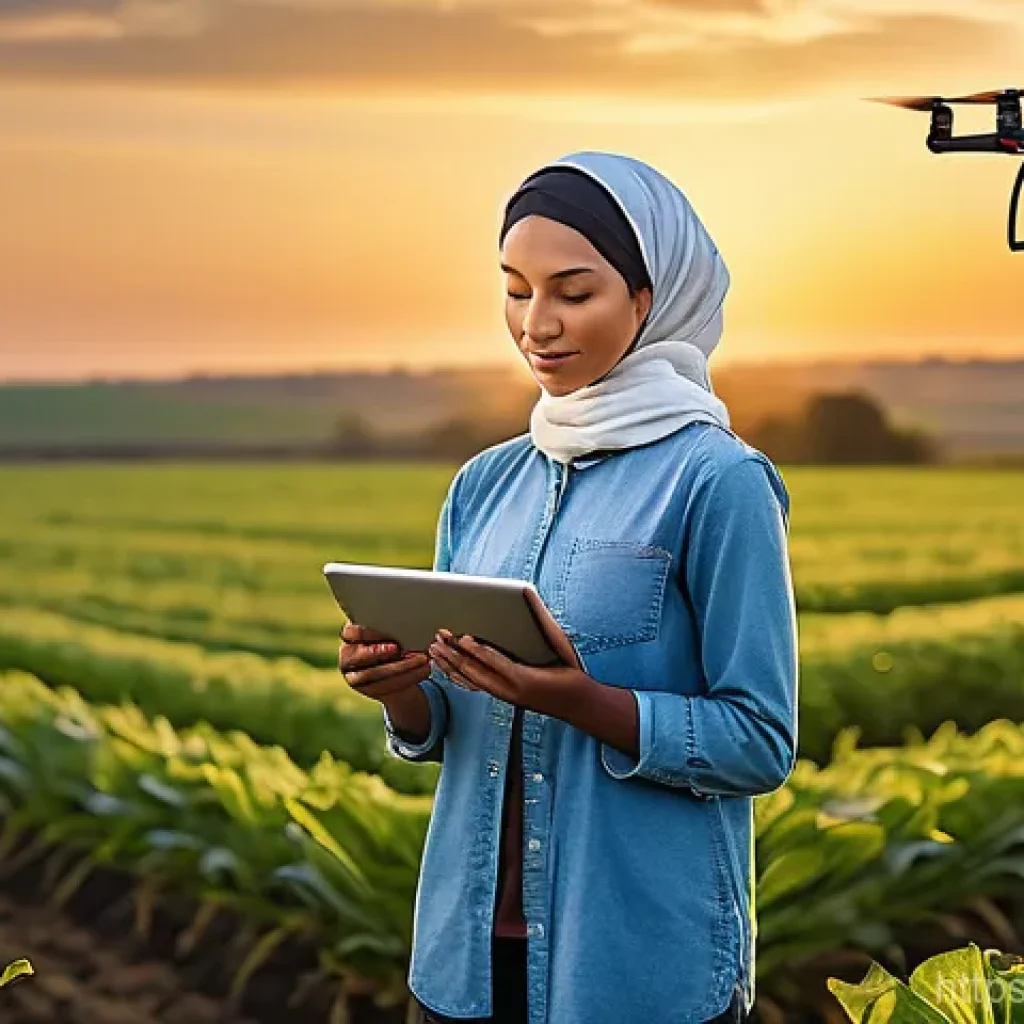 농업 드론 항공사진 분석 - A wise, experienced female farmer, dressed in practical work clothes and a modest headscarf, stands ...