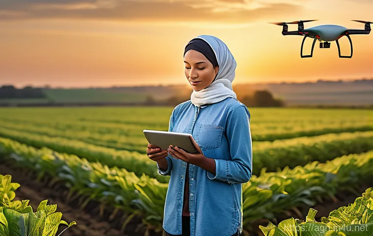 농업 드론 항공사진 분석 - A wise, experienced female farmer, dressed in practical work clothes and a modest headscarf, stands ...