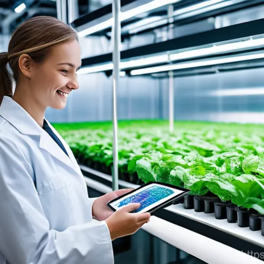 농업 관련 산업 동향 - **Prompt 1: The Future of Smart Agriculture**
A futuristic, high-tech indoor smart farm. Robotic...