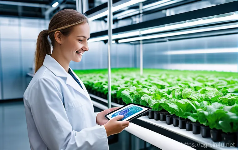 농업 관련 산업 동향 - **Prompt 1: The Future of Smart Agriculture**
    A futuristic, high-tech indoor smart farm. Robotic...