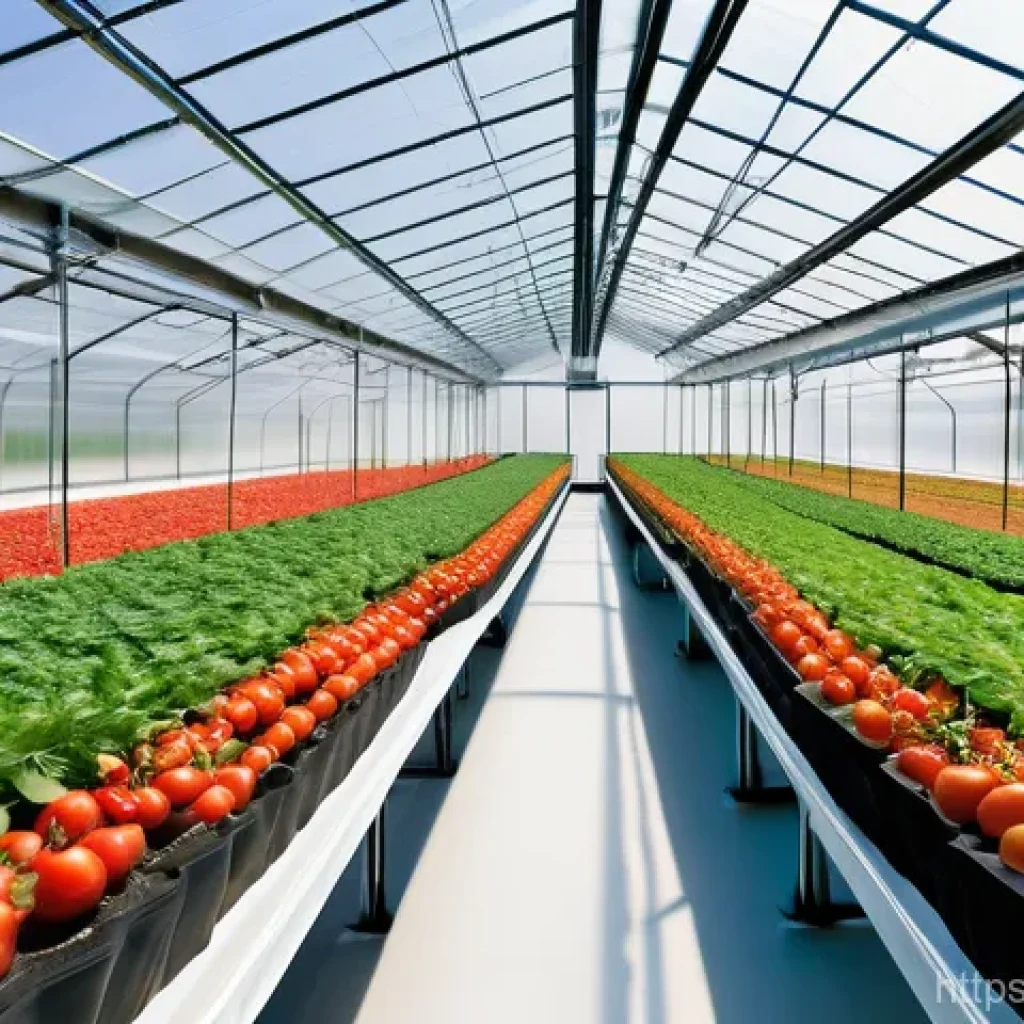농업 자동 온실 시스템 - A high-angle shot showcasing the interior of a sophisticated smart greenhouse. Drones are subtly vis...
