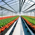 농업 자동 온실 시스템 - A high-angle shot showcasing the interior of a sophisticated smart greenhouse. Drones are subtly vis...