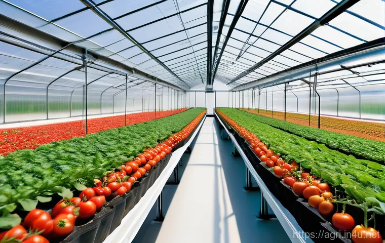농업 자동 온실 시스템 - A high-angle shot showcasing the interior of a sophisticated smart greenhouse. Drones are subtly vis...