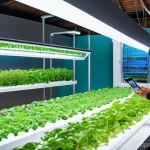 스마트팜 기술 - A bright and modern urban smart farm, resembling a multi-cultural complex. Families, including child...