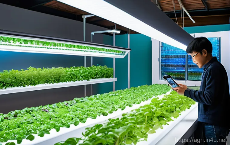 스마트팜 기술 - A bright and modern urban smart farm, resembling a multi-cultural complex. Families, including child...