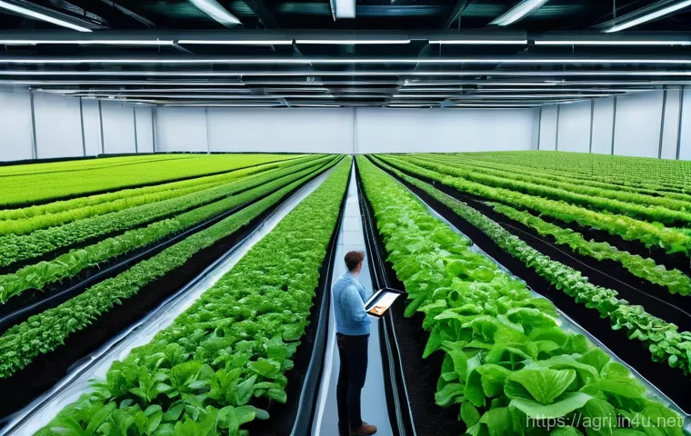 스마트팜 기술 - A bright and modern urban smart farm, resembling a multi-cultural complex. Families, including child...