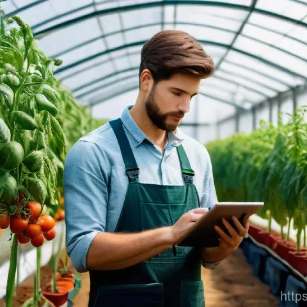 농업과 블록체인 기술 - **Prompt:** A vibrant, sunlit greenhouse where a modern farmer, dressed in practical, clean work att...