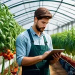 농업과 블록체인 기술 - **Prompt:** A vibrant, sunlit greenhouse where a modern farmer, dressed in practical, clean work att...