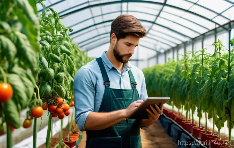 농업과 블록체인 기술 - **Prompt:** A vibrant, sunlit greenhouse where a modern farmer, dressed in practical, clean work att...