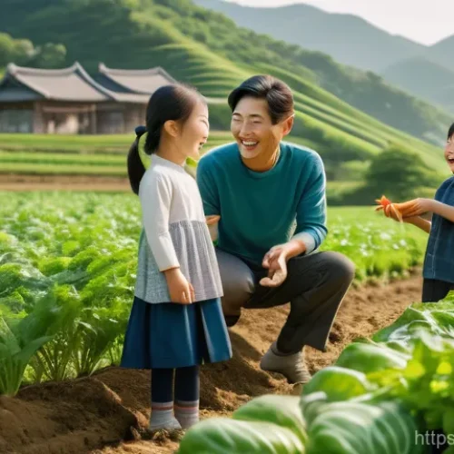 Home 25 농업 생태 관광 - A vibrant scene of a family, including parents and two children (wearing comfortable, modest clothin...