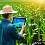 농업 머신러닝 적용 사례 - **Prompt:** A modern farmer, male or female, in their 30s-40s, stands in a lush, green field of crop...