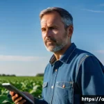 농업 작물 질병 진단 AI - A male farmer in his 40s, dressed in practical work attire including a collared shirt and denim pant...